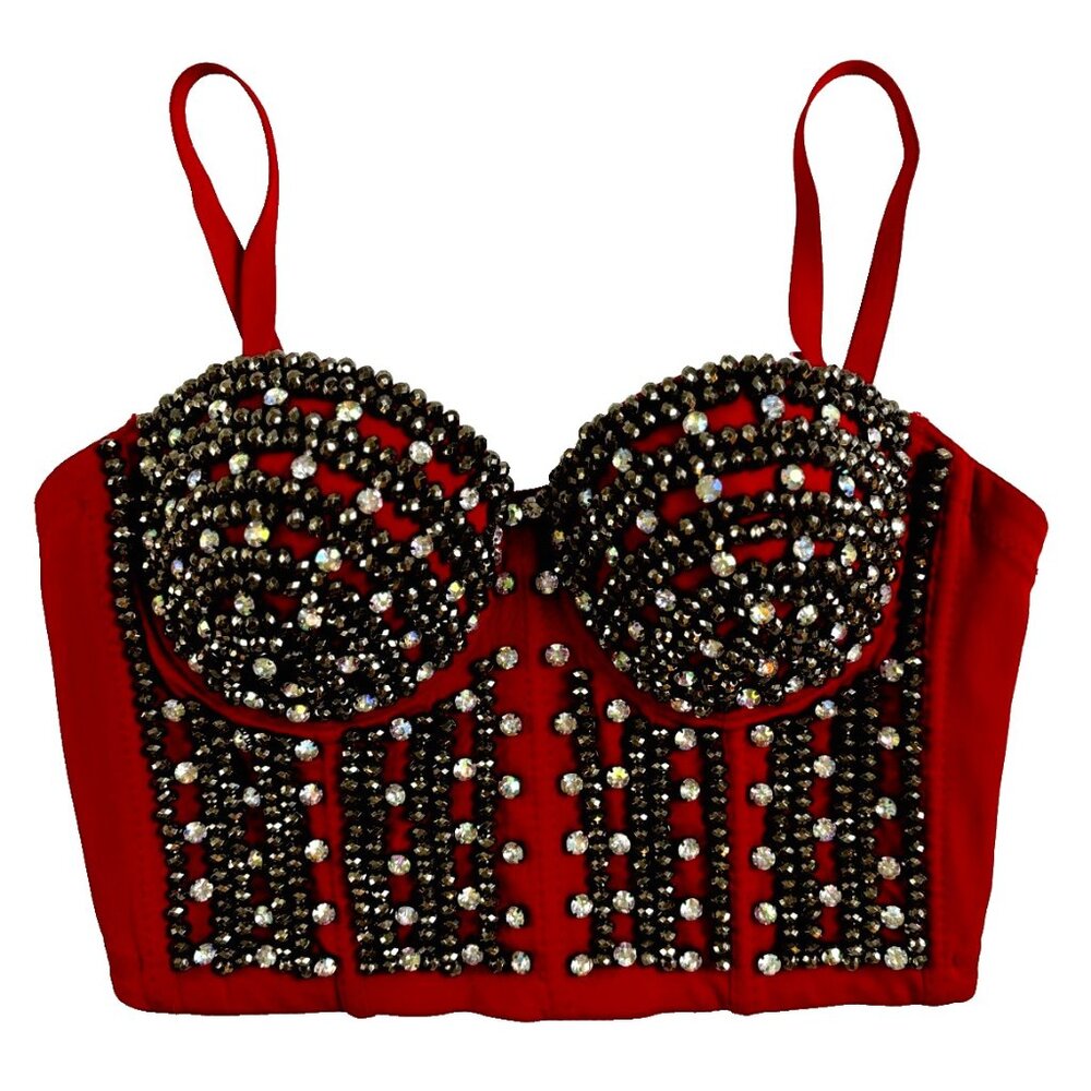 Women's Beaded Red Tank Corset‎ Bra Bralette Spaghetti Strap Bustier Crop Top